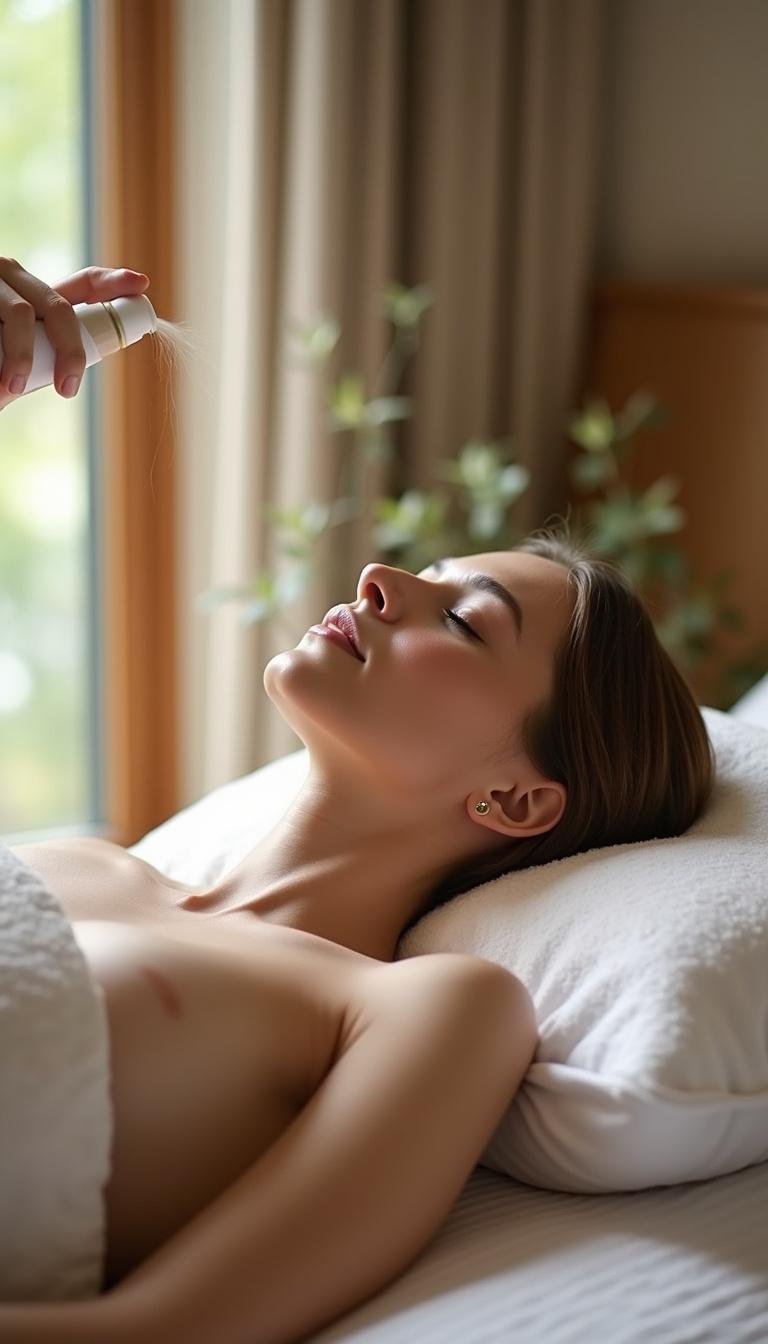 Relaxing bedroom scene with pillow spray containing calming essential oils for better sleep