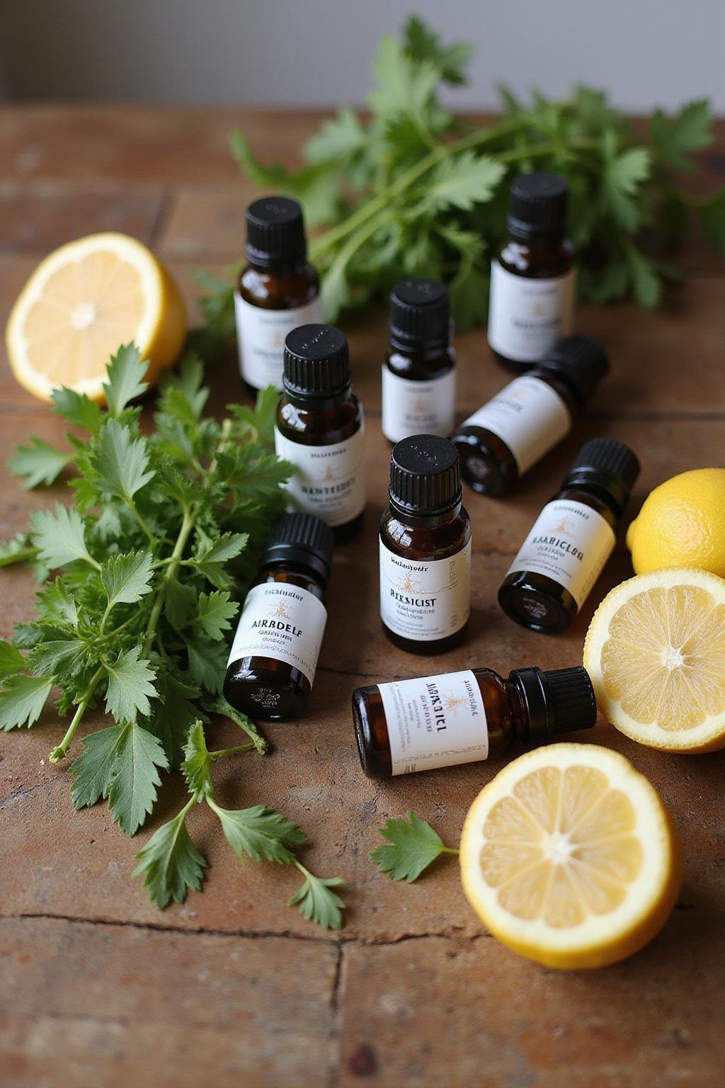 Assorted essential oils surrounded by herbs and citrus fruit for immune boosting