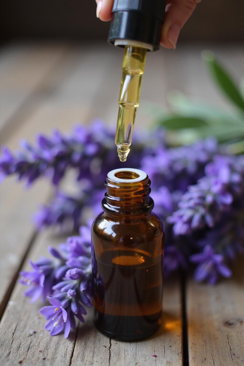 Lavender essential oil being dropped onto fresh lavender flowers for natural extraction