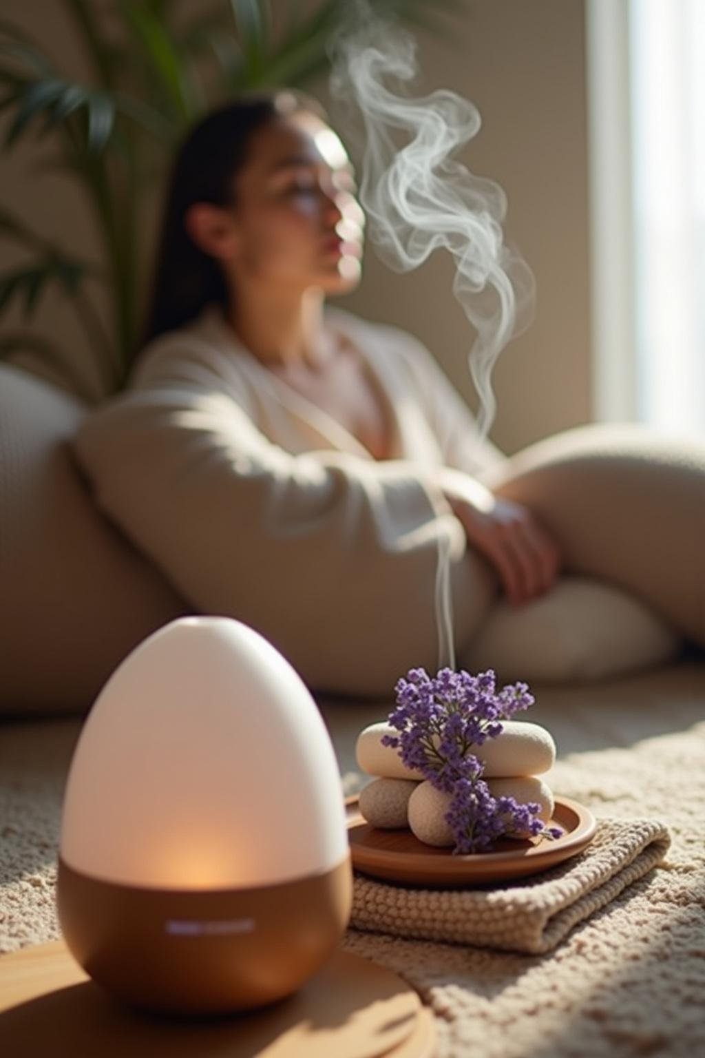 Relaxing woman with diffuser releasing lavender essential oil in a tranquil spa environment