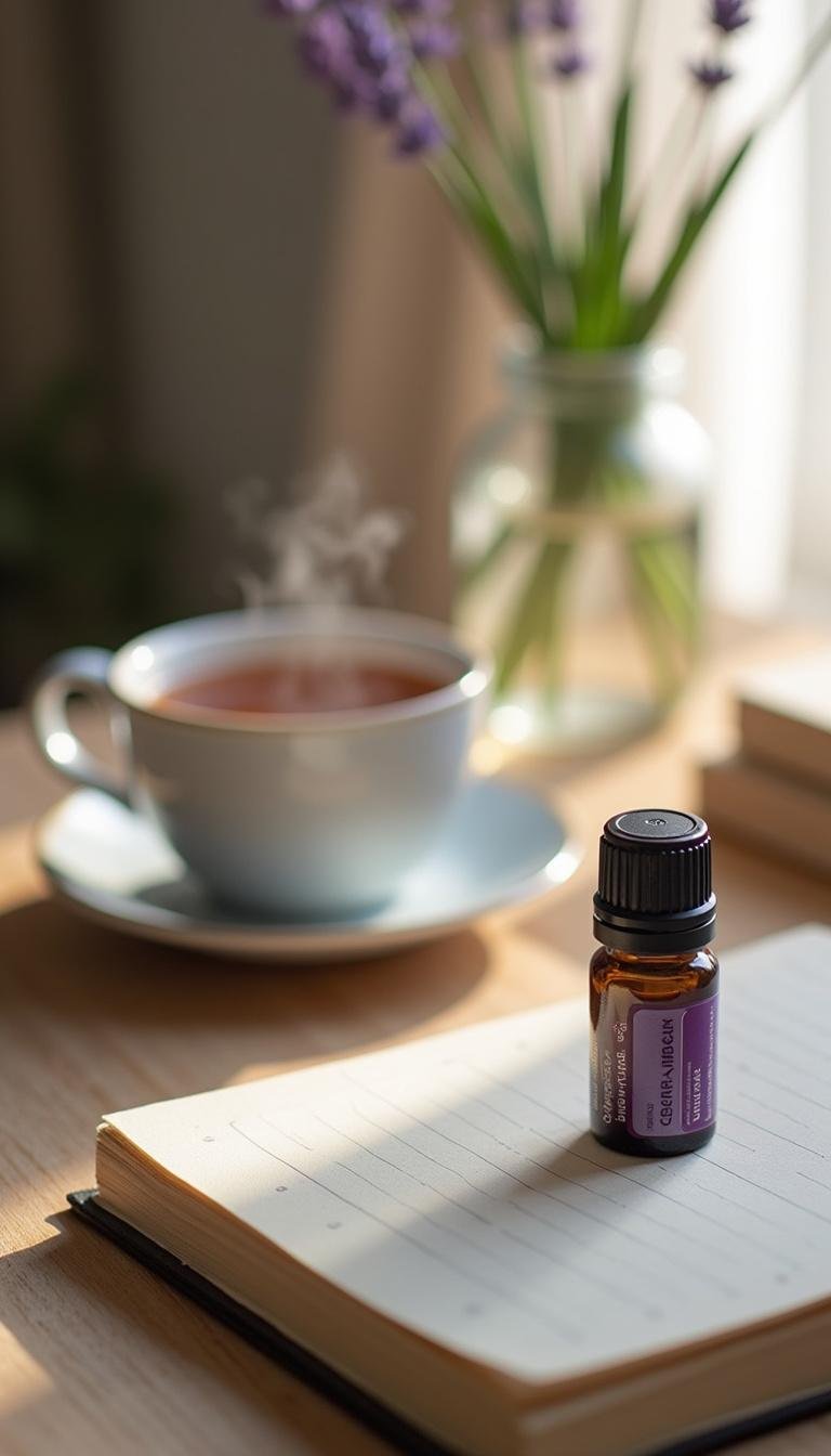 Lavender essential oil bottle on a wellness-themed workspace with journal and herbal tea