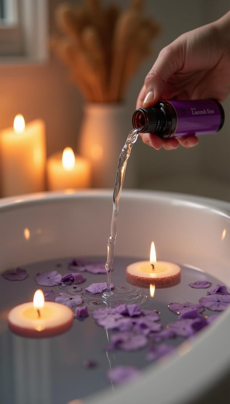 Bath infusing with lavender essential oil, surrounded by candles for relaxation