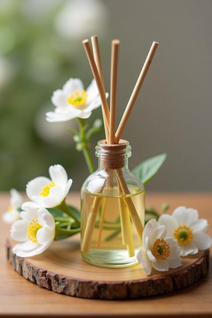 Spring diffuser setup with essential oils and fresh flowers for home aromatherapy