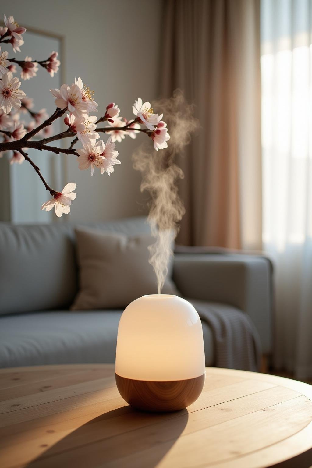 Relaxing home scene with diffuser and spring flowers creating a soothing atmosphere