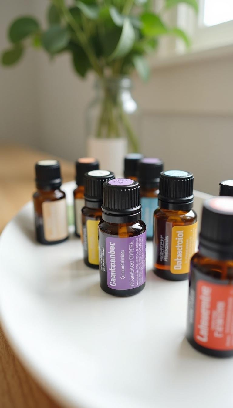 Spring-inspired essential oils for diffuser blends arranged on a tray for aromatherapy
