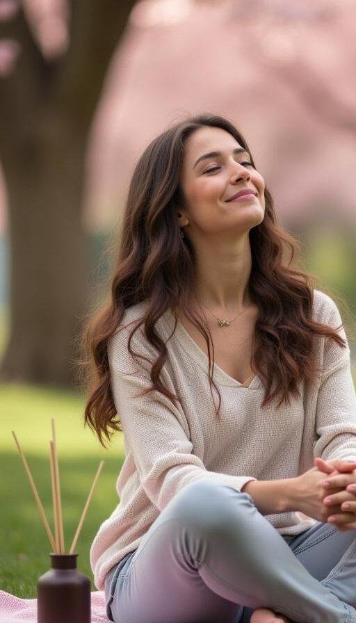 Woman relaxing in nature with a diffuser and spring scenery for natural aromatherapy
