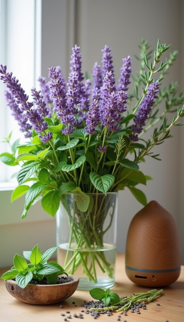 Fresh spring herbs and flowers with a diffuser to create natural essential oil blends