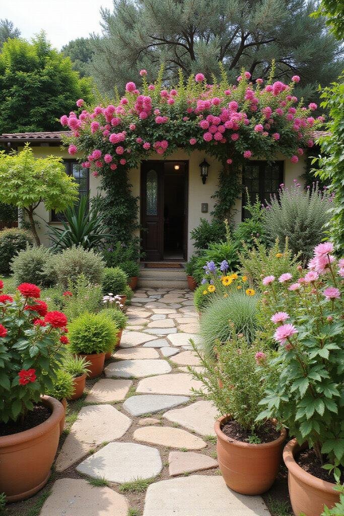 Mediterranean-inspired garden with colorful flowers, terracotta pots, and stone walkways for a Tuscan look