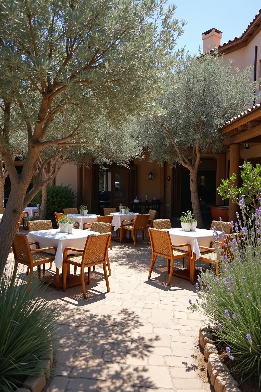 Tuscan-style outdoor seating with olive trees and lavender in a Mediterranean garden
