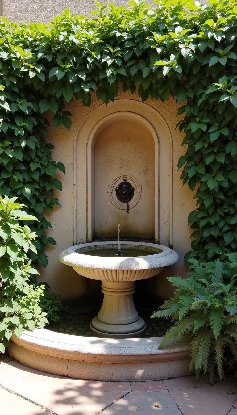 Rustic stone fountain within a Mediterranean garden surrounded by climbing vines and lush greenery