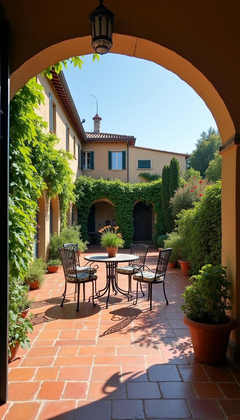 Terracotta tiled patio featuring wrought iron furniture and herbs in a Mediterranean-inspired yard