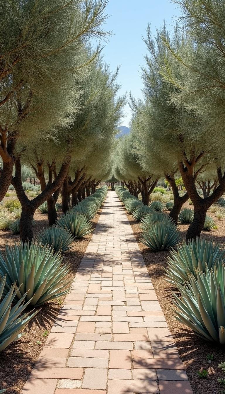 Pathway with olive trees and succulents in a Tuscan-inspired Mediterranean garden