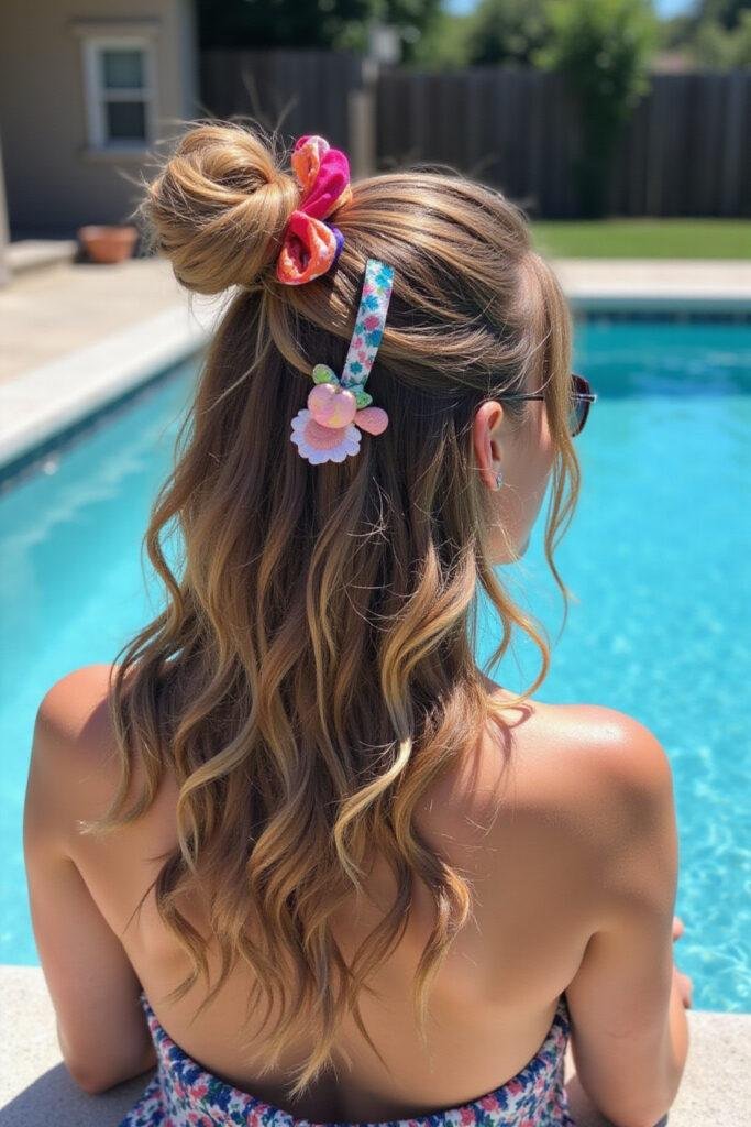 Long wavy-haired woman with a trendy messy bun and colorful accessories relaxing by the pool on a sunny day