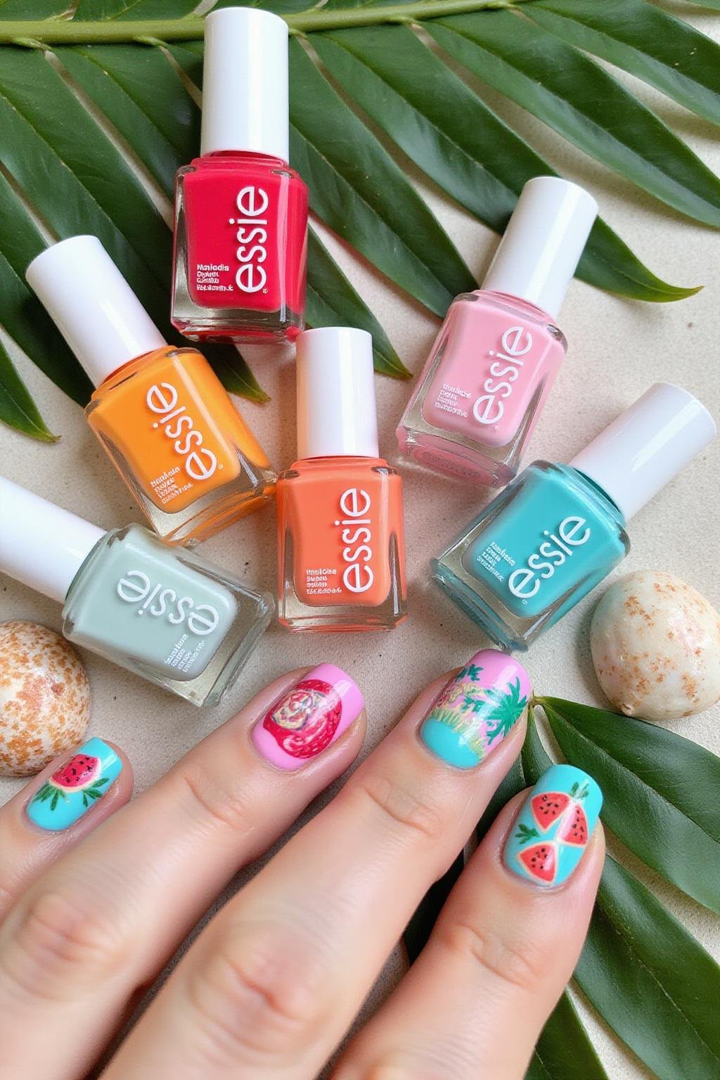 Flat lay of nail polish and tropical fruit-inspired nail art.