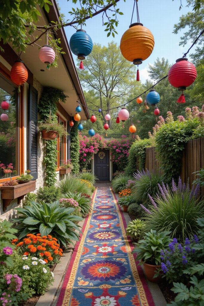 A vibrant backyard garden decorated with hanging lanterns, colorful flowers, and bohemian décor for a hippie paradise