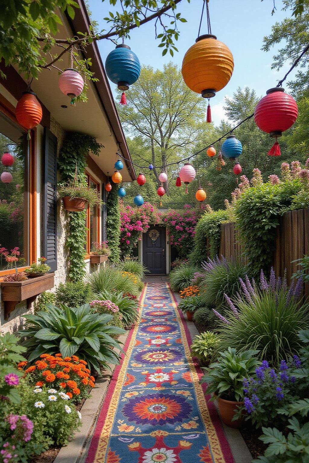 A vibrant backyard garden decorated with hanging lanterns, colorful flowers, and bohemian décor for a hippie paradise
