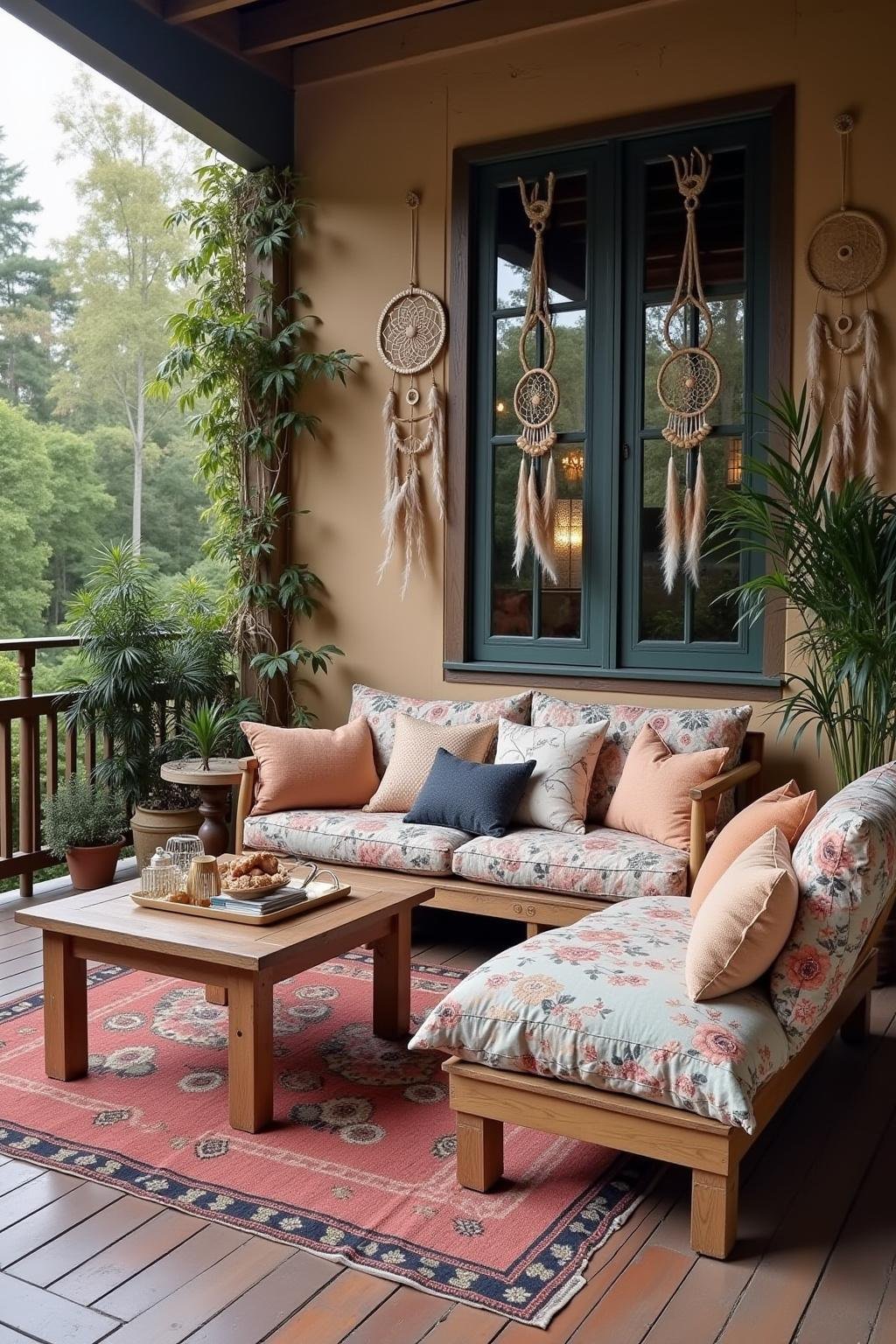 Cozy outdoor seating space in a hippie-themed yard featuring mismatched cushions, hanging dreamcatchers, and eclectic décor