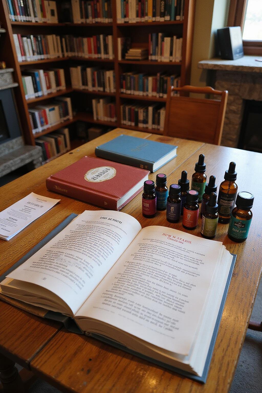 Essential oils and recipe books on a wooden table in a cozy library setting for essential oil recipes