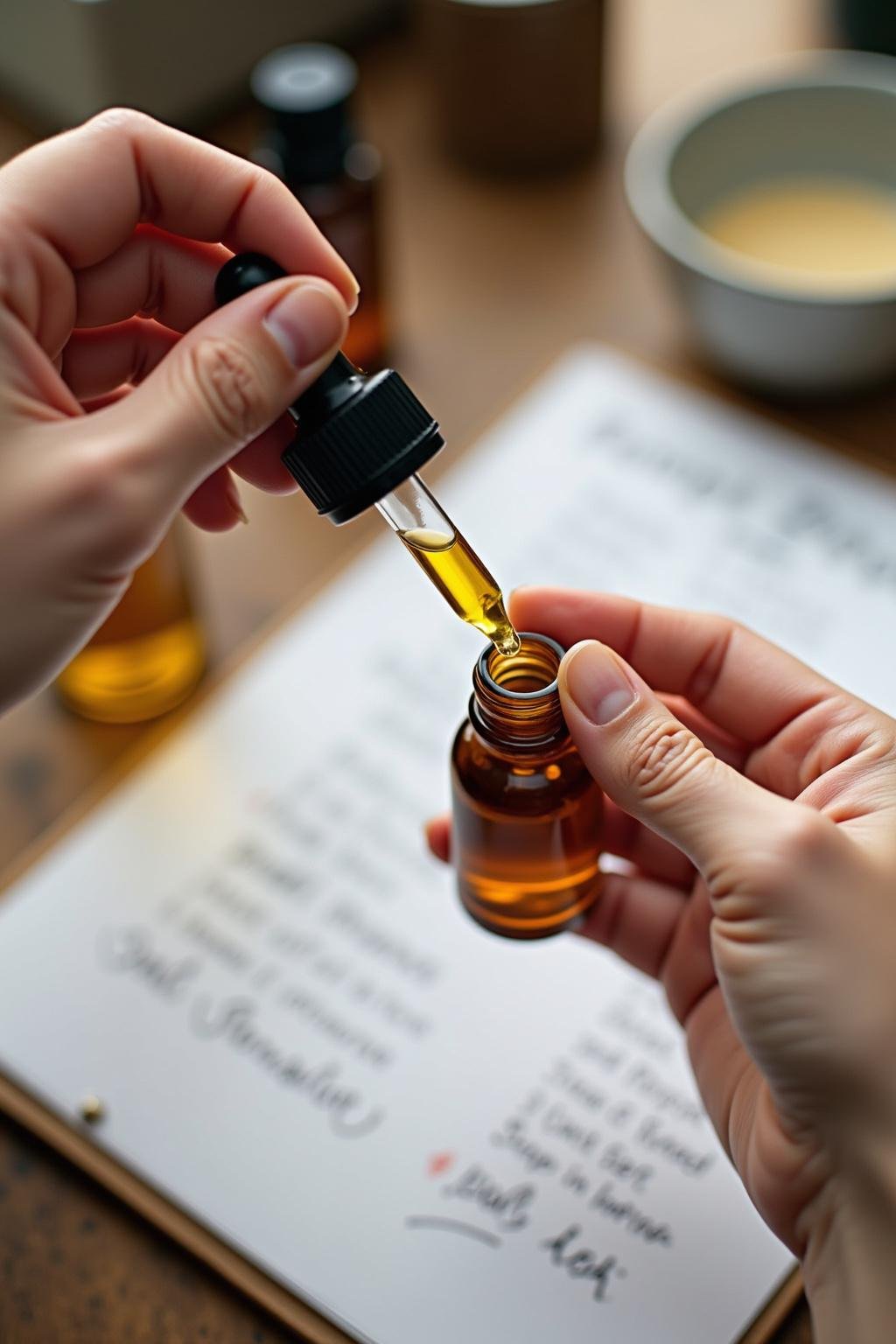 Person applying essential oil using a dropper over a recipe sheet, demonstrating DIY essential oil preparation
