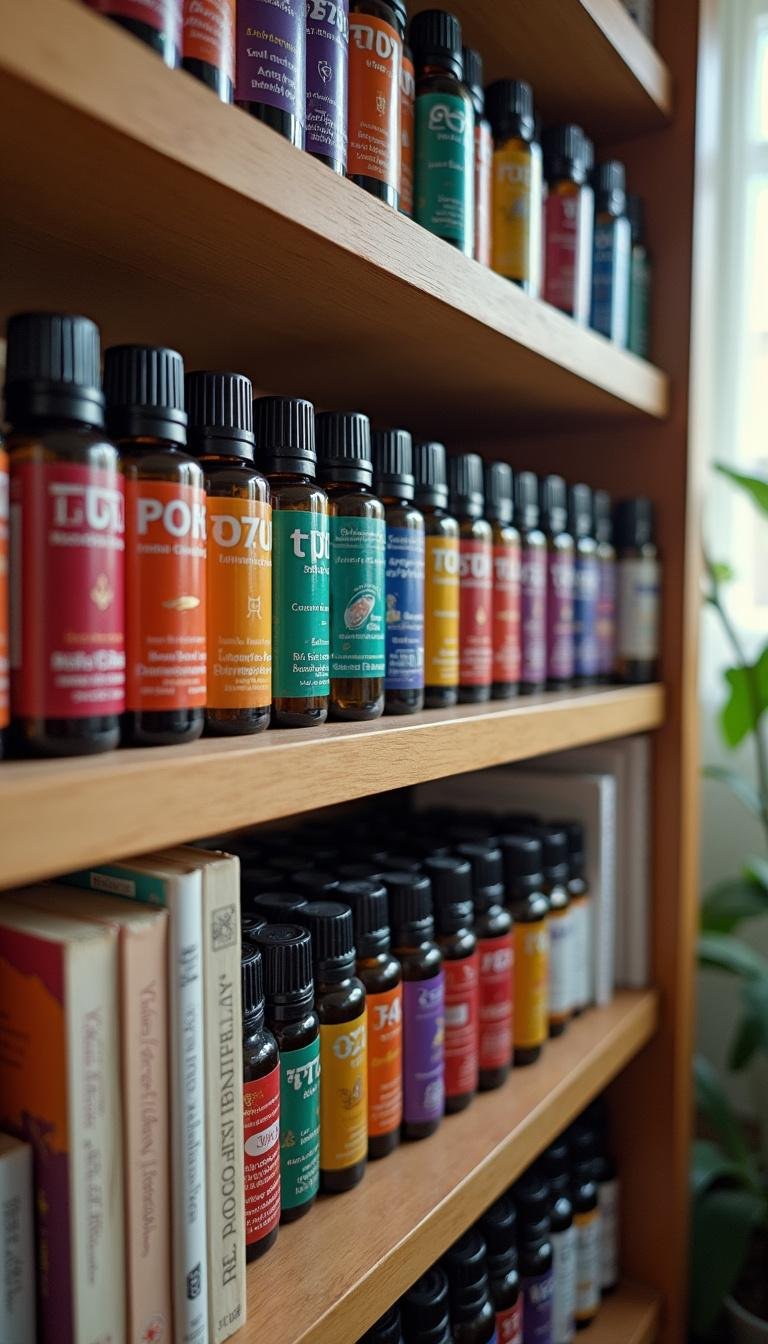 Shelf with diverse essential oils in bottles, arranged neatly in a home aromatherapy library