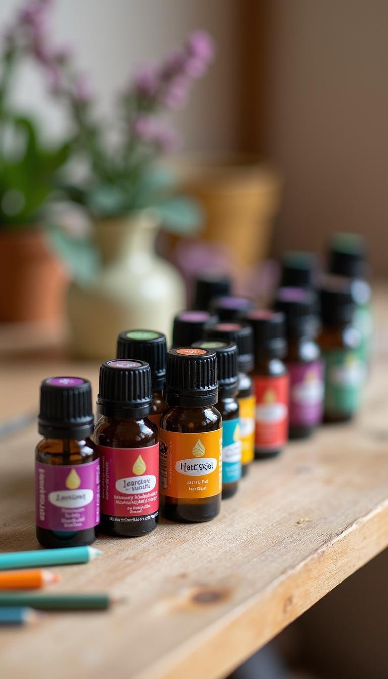 Assortment of homemade essential oil blends in small bottles, ready for use or gifting