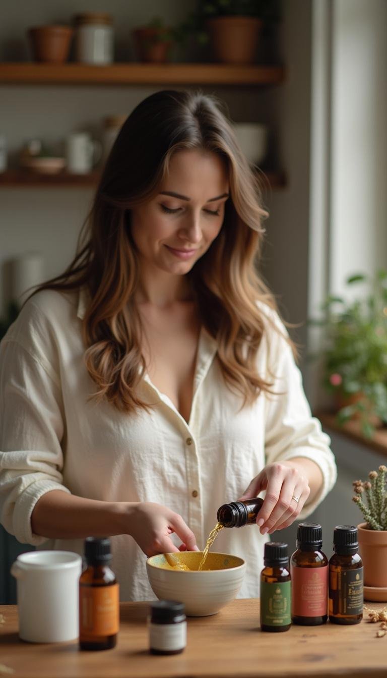 Person creating a homemade essential oil blend in a kitchen setting for DIY skincare or aromatherapy