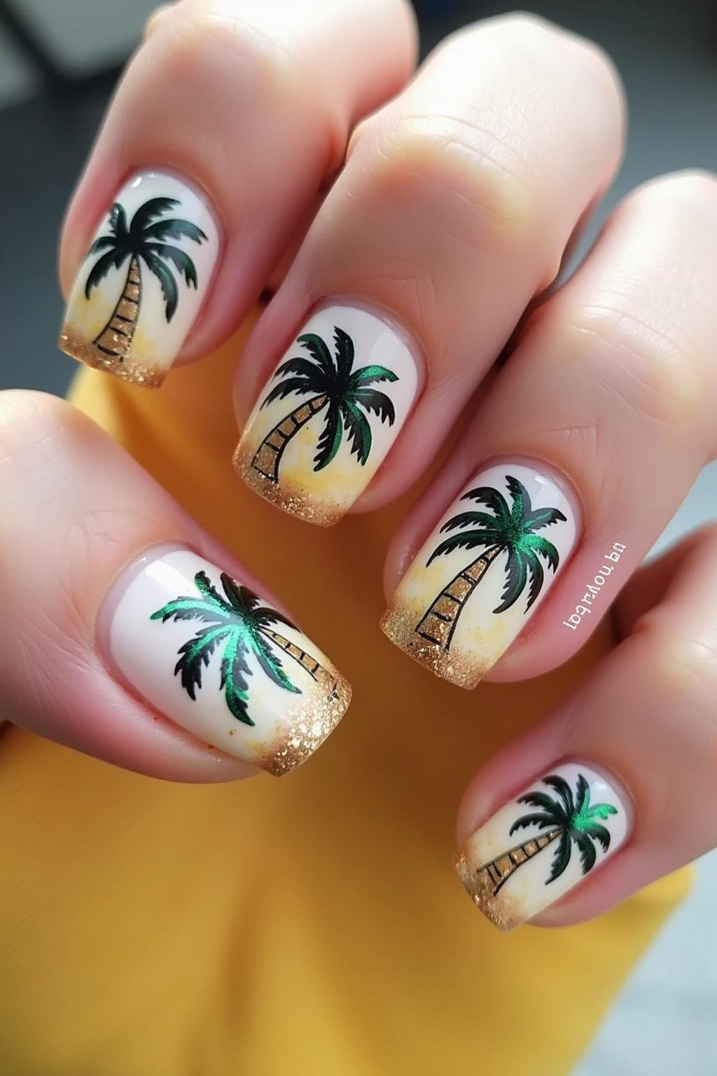 Gold glitter and tropical palm pattern nails for Summer 2025 vacation trend and glamorous look.