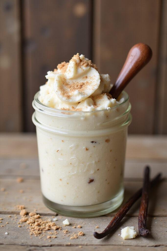 Close-up of vanilla coconut sugar scrub in a glass jar with vanilla beans and shredded coconut around it