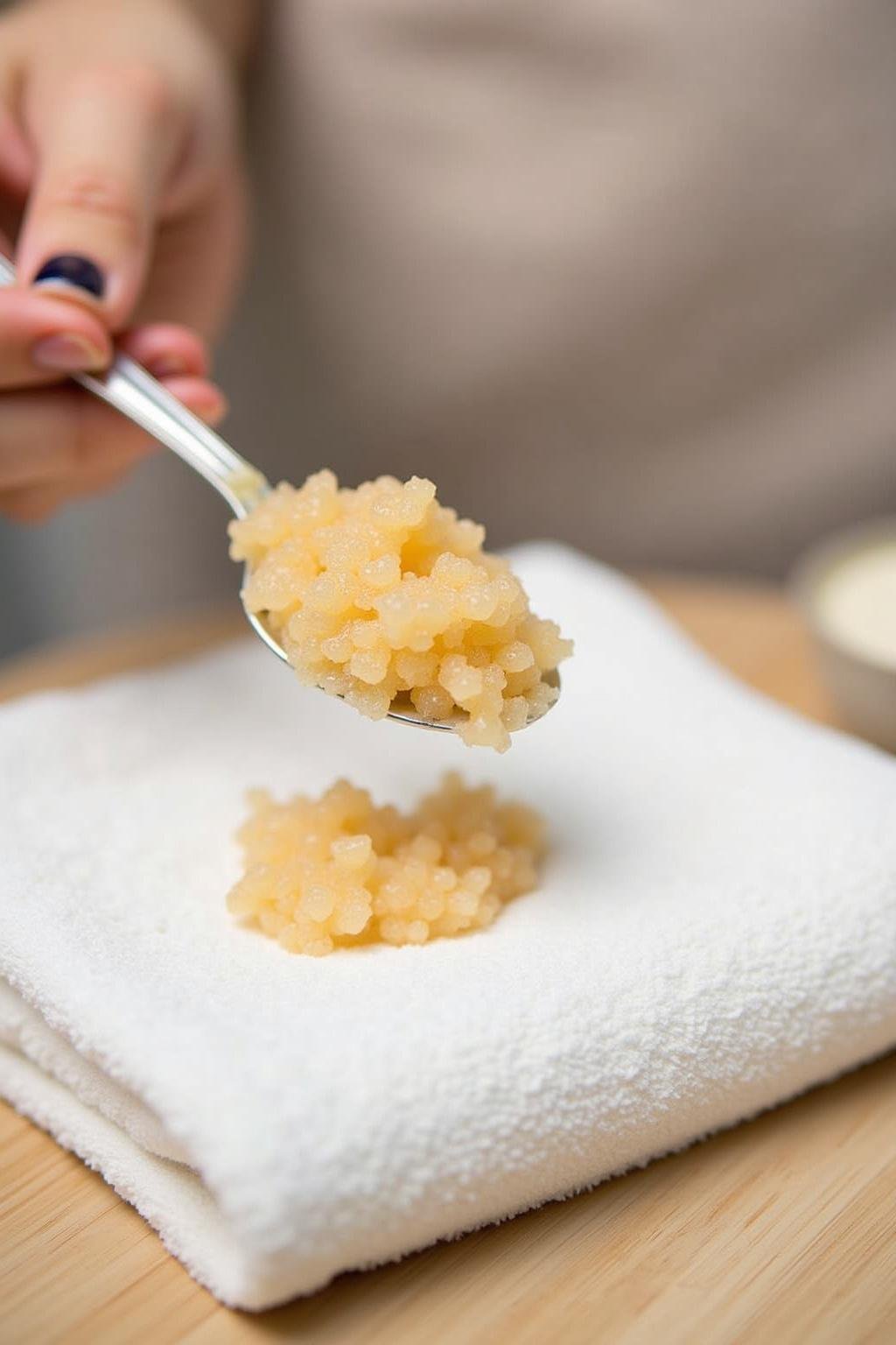 Person applying vanilla coconut coconut sugar scrub on their arm in a spa-like setting