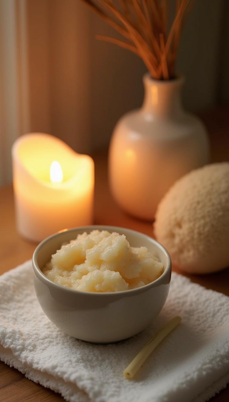 Relaxing spa scene showcasing vanilla coconut sugar scrub with a towel and aromatherapy candles