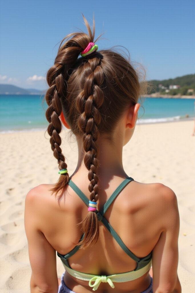 Young woman with sporty braided hairstyle and colorful hair ties preparing for summer volleyball game