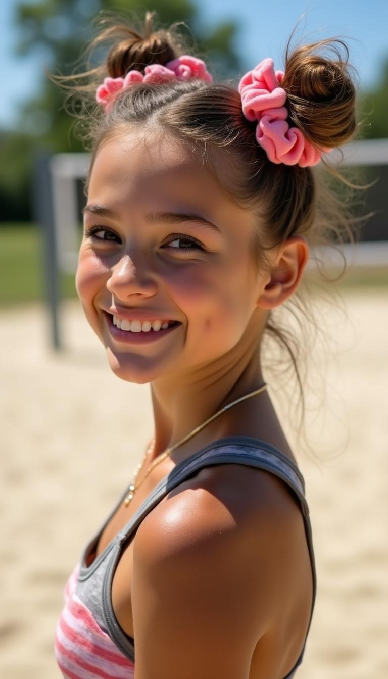 Youthful girl with a cute messy bun tied with scrunchies, ready for summer volleyball match