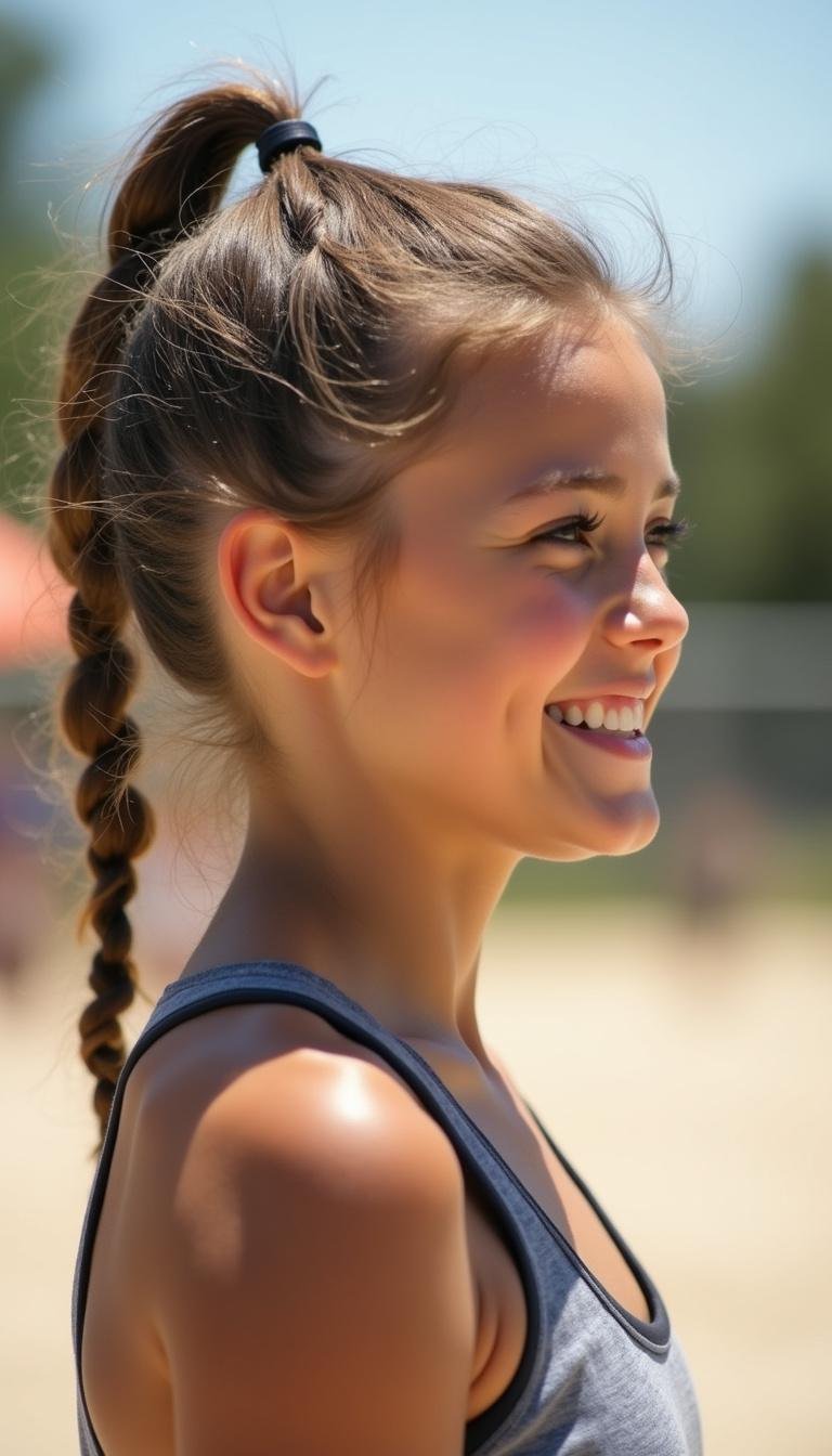 Smiling female athlete with a twisted ponytail hairstyle for summer volleyball sport