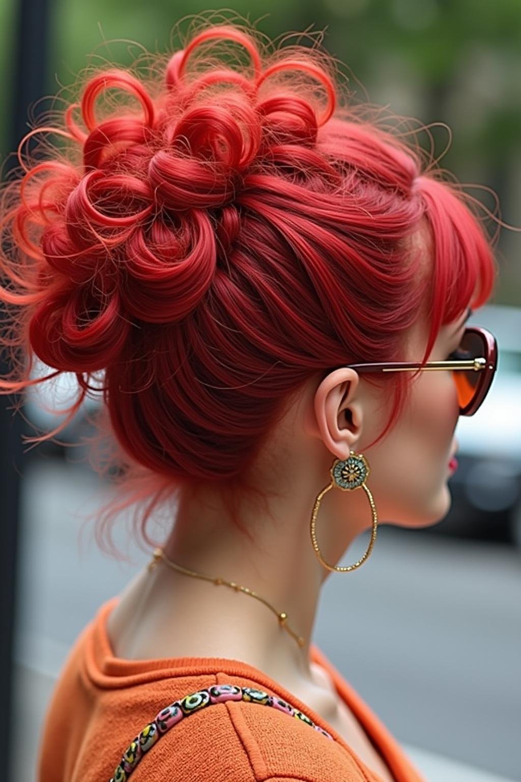 Close-up of a red curly wig styled in a summer updo with accessories for 2025 hairstyles