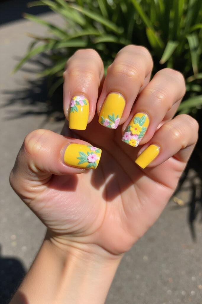 Close-up of vibrant yellow summer nails with pastel floral designs on a woman's hand outdoors in sunlight