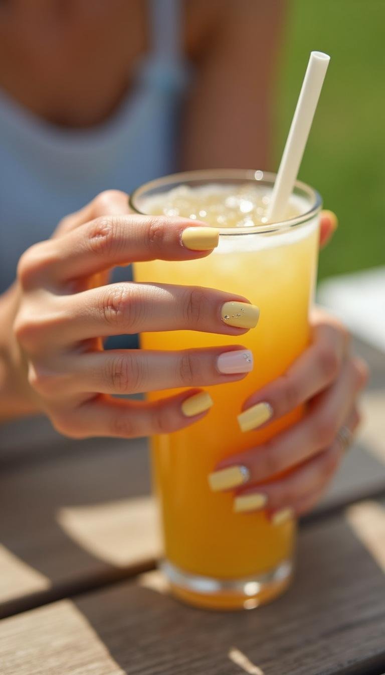 Woman with pastel yellow summer nails and glitter accents, holding a drink outdoors during summer
