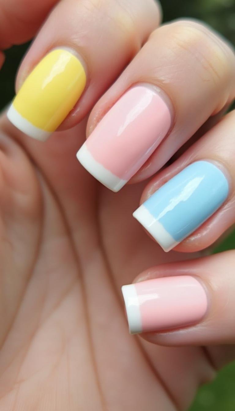 Collection of summer nail art designs in pastel yellow, pink, and blue shades on display