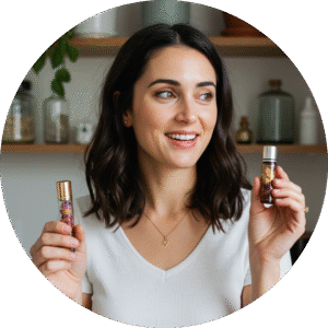 A headshot of Lily Monroe smiling in a bright room with plants. She is holding a small glass roller bottle for a DIY essential oil recipe.