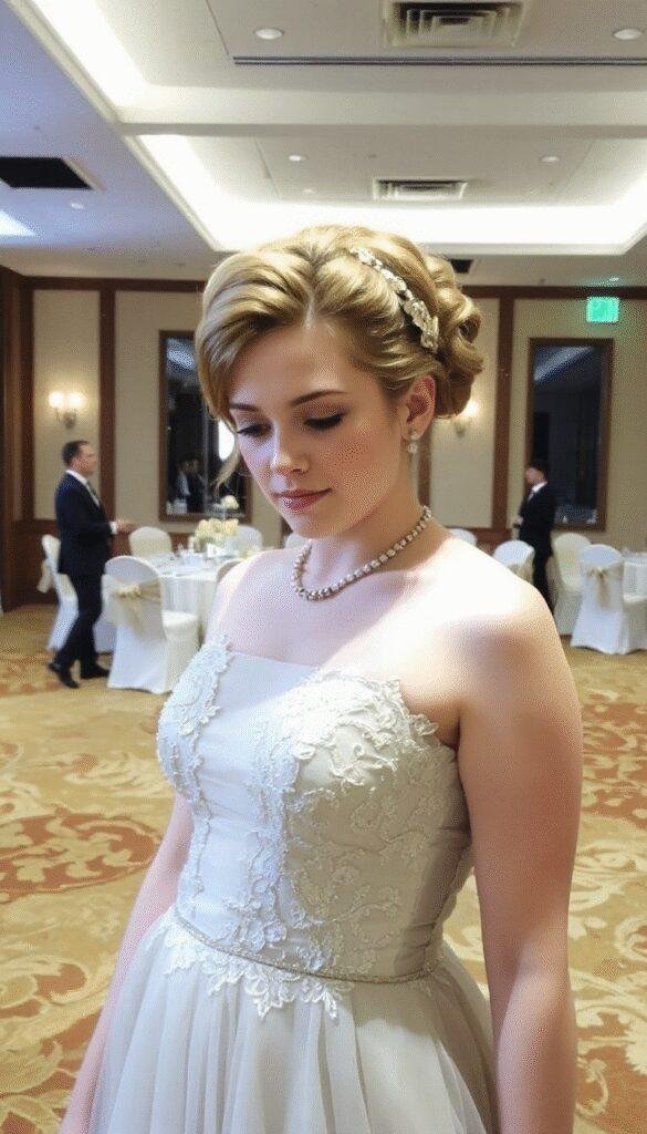 A young woman with a radiant smile wearing a stylish homecoming dress, showcasing her intricate updo with soft curls and decorative accessories, set against a blurred elegant ballroom background with warm lighting