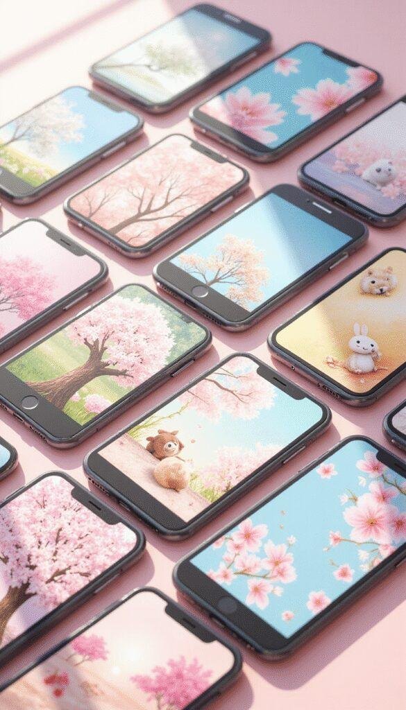 A vibrant and charming collection of spring-themed phone wallpapers displayed on smartphone screens, featuring pastel flowers, blooming trees, and cute cartoon animals with light, cheerful colors.