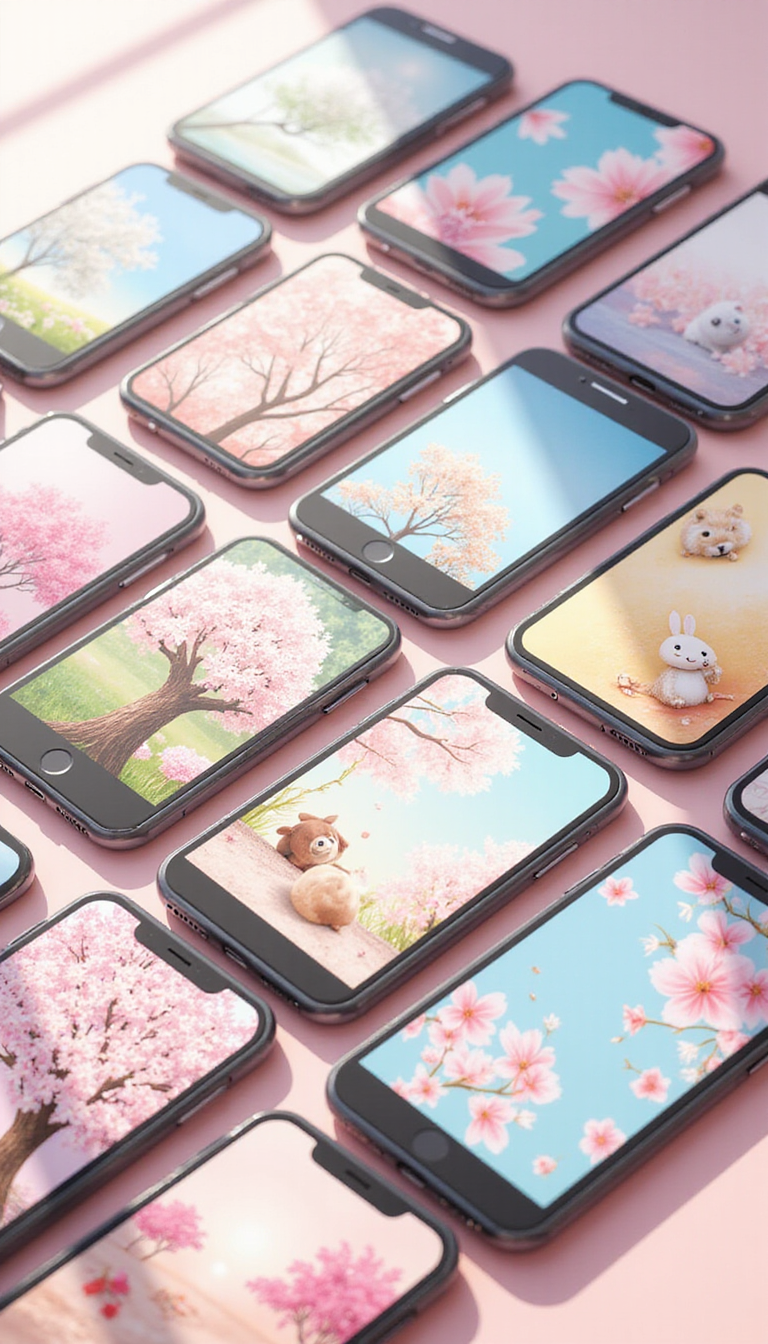 A vibrant and charming collection of spring-themed phone wallpapers displayed on smartphone screens, featuring pastel flowers, blooming trees, and cute cartoon animals with light, cheerful colors.