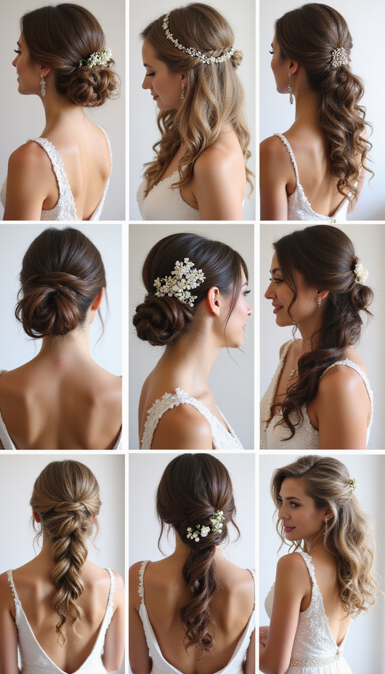 A collage of five bridesmaid hairstyles featuring elegant updos, soft curls, floral accessories, and braided styles, arranged in a balanced composition with a pastel-colored background emphasizing a joyful wedding mood.