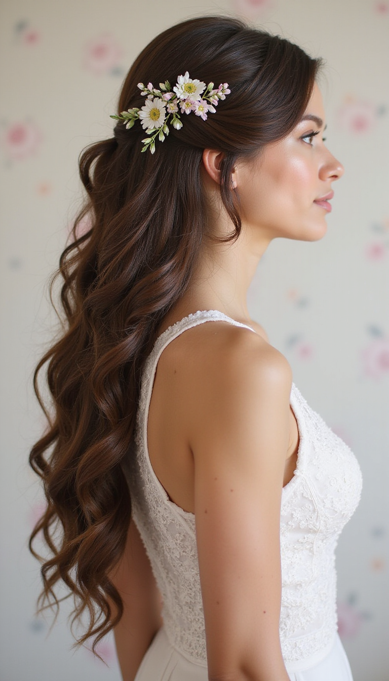 A young woman with long, wavy hair styled in an elegant half-up, half-down prom hairstyle, adorned with delicate floral accessories, set against a soft pastel background with subtle lighting enhancing the hair's shine.