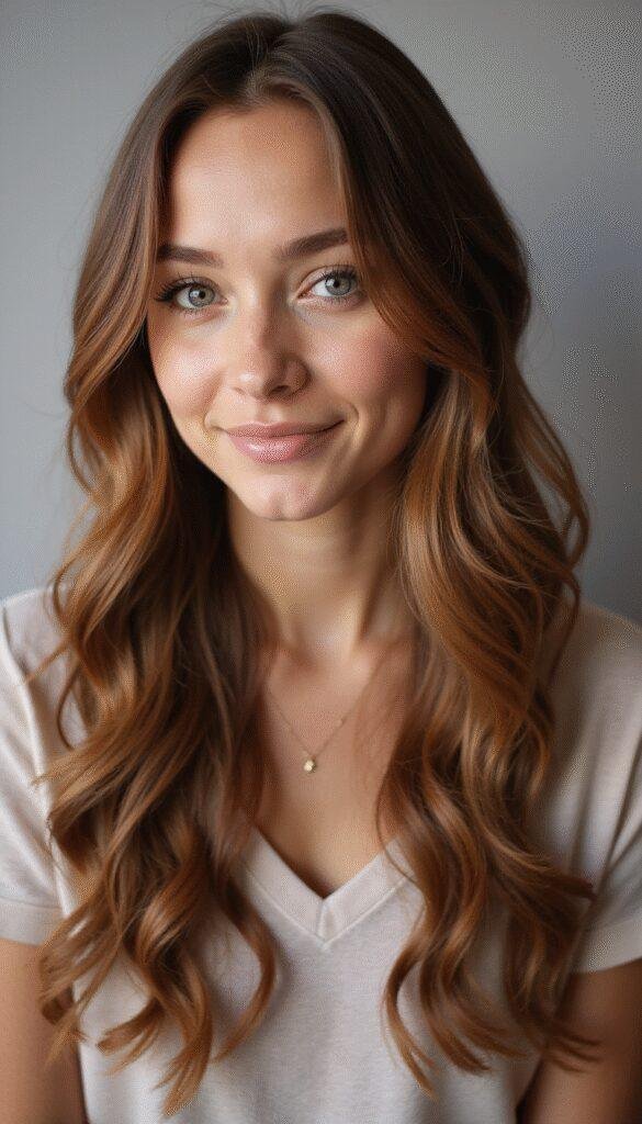 A close-up of a woman with shiny honey brown hair styled in soft waves, showcasing the rich golden and caramel tones highlighted throughout the locks, set against a neutral, softly blurred background.
