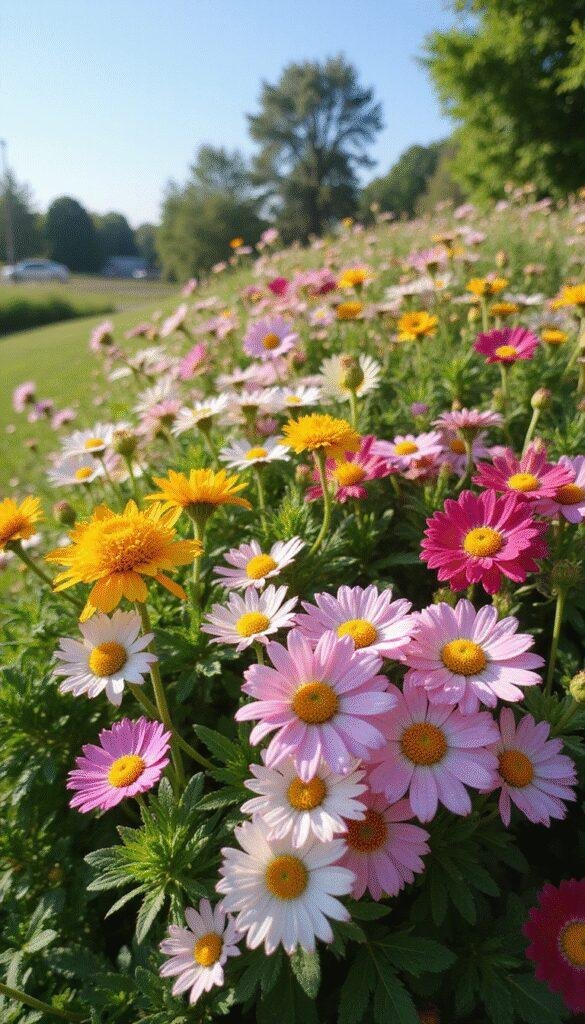 A vibrant garden featuring a variety of colorful state flowers arranged harmoniously, with blooming blossoms in shades of purple, yellow, pink, and red, set against lush green foliage and a clear blue sky in the background, capturing the beauty of regional blooms.