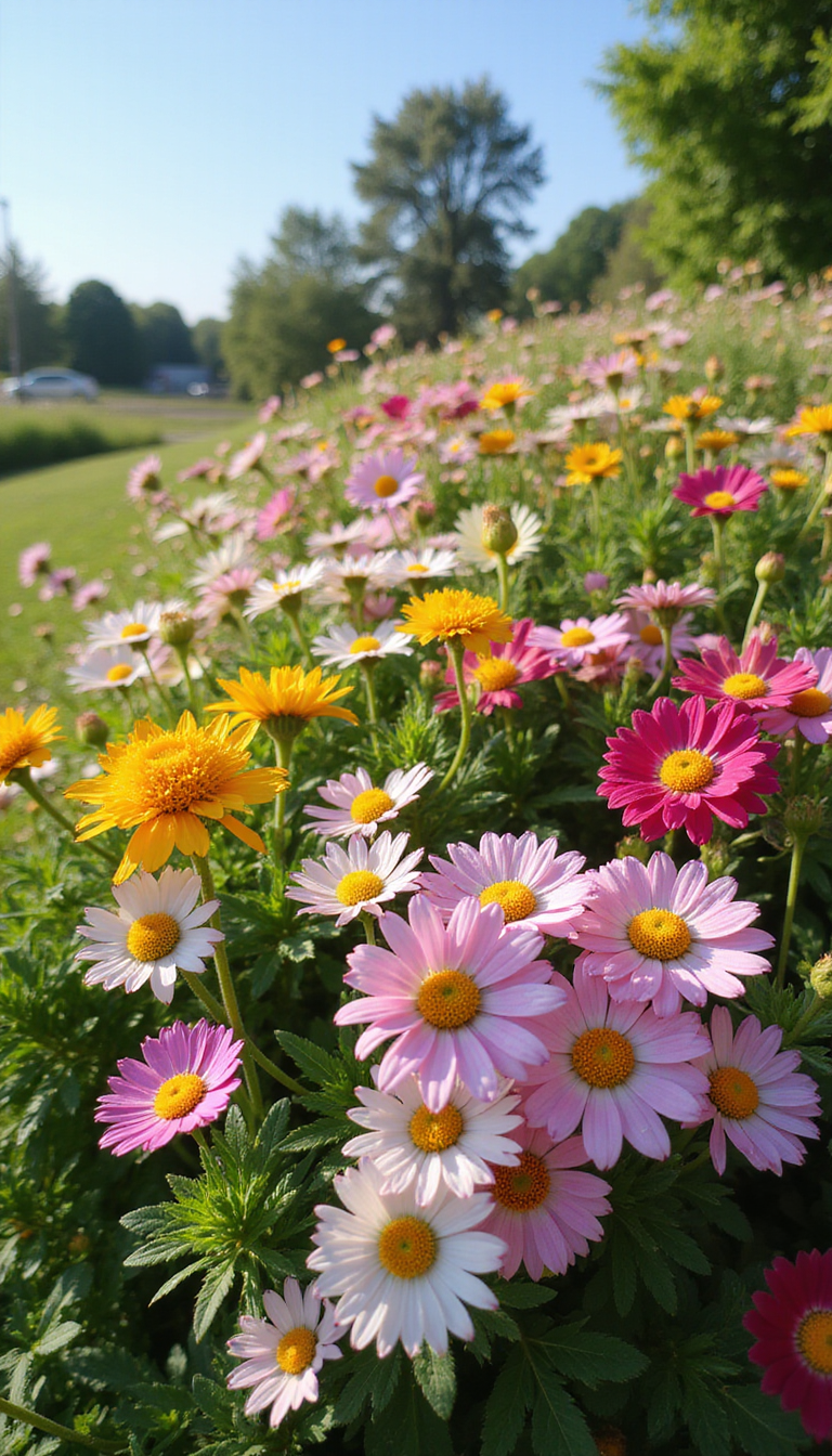 A vibrant garden featuring a variety of colorful state flowers arranged harmoniously, with blooming blossoms in shades of purple, yellow, pink, and red, set against lush green foliage and a clear blue sky in the background, capturing the beauty of regional blooms.