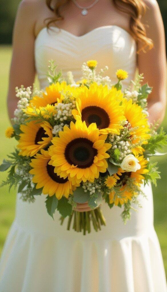 A vibrant sunflower wedding bouquet featuring large yellow sunflowers, accented with green foliage and delicate white flowers, held by a bride in a soft-focused outdoor setting with sunlight filtering through trees.