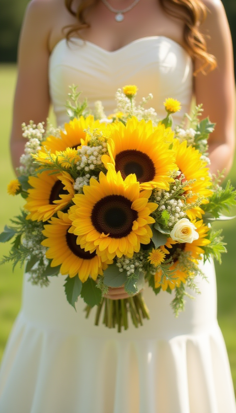 A vibrant sunflower wedding bouquet featuring large yellow sunflowers, accented with green foliage and delicate white flowers, held by a bride in a soft-focused outdoor setting with sunlight filtering through trees.
