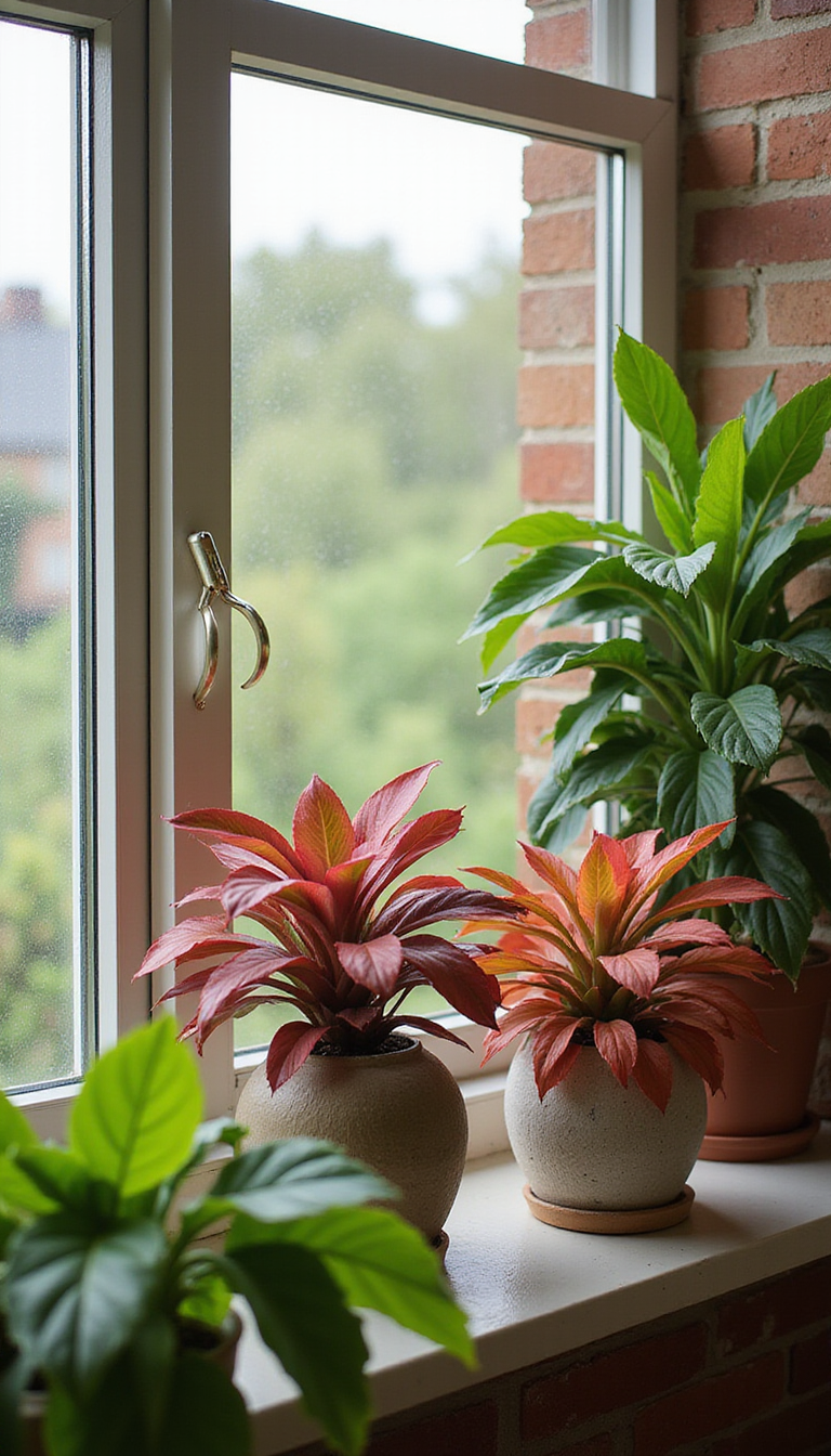 A vibrant assortment of three-color houseplants in decorative pots, showcasing lush green, bright red, and deep pink leaves, arranged on a sunlit windowsill. The scene emphasizes lush foliage with variegated leaves, blending natural greens with striking red and pink hues, set against a modern interior background with warm light filtering through curtains.