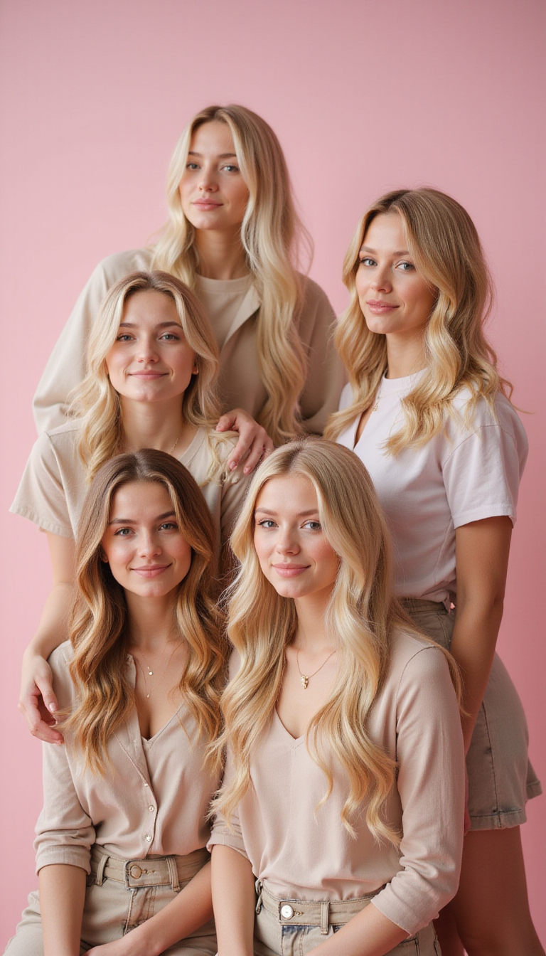 A vibrant collage showcasing ten different blonde hair styles, ranging from icy platinum to warm honey tones. Each hairstyle features varied cuts and textures, displayed on models with diverse faces and hair lengths, set against a modern, soft pastel background with natural lighting highlighting the hair's shine and color gradients.